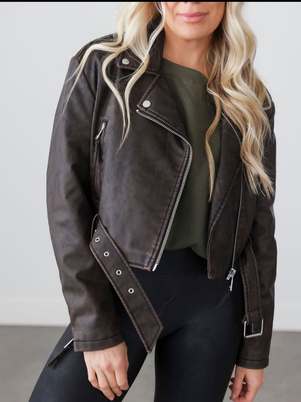 Lily & Lottie Akira Moto Jacket Size Medium Brown Asymmetrical Zip Front NEW